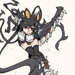  1girl black_hair black_thighhighs brown_shoes dynamic_pose filia_(skullgirls) from_above hangong1001 long_hair looking_to_the_side panties pantyshot prehensile_hair red_eyes shirt shoes skullgirls standing thigh-highs underwear white_background white_shirt 