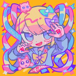  1girl absurdres blonde_hair blue_bow blue_eyes blue_hair blue_serafuku blue_shirt bow chouzetsusaikawa_tenshi-chan commentary_request countdown_illustration hair_bow highres long_hair long_sleeves looking_at_viewer multicolored_hair multiple_hair_bows needy_girl_overdose official_art open_mouth orange_background pien_cat_(needy_girl_overdose) pink_hair purple_bow quad_tails sailor_collar school_uniform serafuku shirt simple_background smile solo sparkle terada_tera translation_request yellow_bow 
