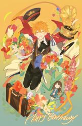  1boy 1girl akehoshi_subaru anzu_(ensemble_stars!) black_jacket book bouquet briefcase brown_vest closed_eyes closed_mouth commentary ensemble_stars! facing_viewer flower gradient_background hair_between_eyes happy_birthday hat highres inlyeoggeo54071 jacket jacket_on_shoulders jumping open_book open_mouth orange_hair orange_ribbon peaked_cap phonograph pink_flower red_flower red_jacket ribbon smile unworn_hat unworn_headwear vest 