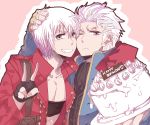  beltbra birthday_cake brothers cheek-to-cheek cheek_to_cheek cravat dante devil_may_cry devil_may_cry_3 fingerless_gloves gloves grin multiple_boys nero_(devil_may_cry) open_clothes open_coat popped_collar short_hair siblings smile sorceress_(akaponu) v vergil white_hair 