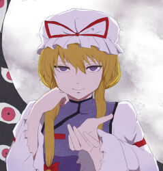  1girl blonde_hair bow closed_mouth commentary_request dress full_moon gap_(touhou) hair_bow hat hat_ribbon looking_at_viewer mob_cap mochimo-cheese moon purple_tabard red_bow red_ribbon ribbon smile solo tabard touhou violet_eyes white_dress white_hat yakumo_yukari 