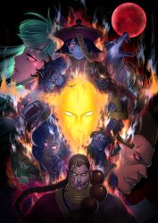  6+boys anakaris animal_ears anita_(darkstalkers) armor blue_hair blue_skin cat_ears claws colored_skin commentary_request darkstalkers demitri_maximoff donovan_baine felicia_(darkstalkers) full_moon furry furry_male green_hair green_skin highres hsien-ko huitzil_(darkstalkers) japanese_armor long_hair lord_raptor moon morrigan_aensland multiple_boys red_eyes red_moon rf-yuki samurai sasquatch_(darkstalkers) white_fur wolf_boy 