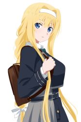  1girl alice_zuberg blonde_hair bow dars_(recolors) hair_bow highres long_hair looking_at_viewer lycoris_recoil lycoris_uniform open_mouth simple_background standing sword_art_online sword_art_online:_alicization white_background white_bow 