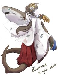  1girl bell bluntnose_sixgill_shark brown_hair commentary_request creature_and_personification fish flower green_eyes hair_ornament hakama highres holding japanese_clothes jingle_bell kagura_suzu kosode merfolk mermaid miko mizuchi_(mizuchi7118) monster_girl open_mouth original personification shark white_flower 