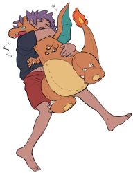  1boy aged_down barefoot character_doll charizard child chuu_ni closed_eyes commentary_request dark-skinned_male dark_skin doll full_body hug leon_(pokemon) long_hair male_focus midriff_peek navel open_mouth pokemon pokemon_sword_and_shield purple_hair red_shorts shorts solo squeans stuffed_toy teeth upper_teeth_only 