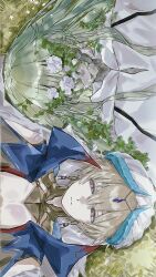  1boy 1other absurdres arabian_clothes blonde_hair broken chinese_commentary commentary_request day earrings enkidu_(fate) eryi021 fate/grand_order fate_(series) flower gilgamesh_(caster)_(fate) gilgamesh_(fate) grass green_hair head_chain highres jewelry long_hair lying on_back outdoors red_eyes robe short_hair sideways turban white_robe 