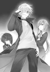  029 1boy 2girls ascot belt_collar blunt_bangs bob_cut bow breasts closed_mouth collar collared_shirt crossed_arms eyepatch greyscale hair_bow hair_over_one_eye hand_up highres inou-battle_wa_nichijou-kei_no_naka_de jacket kiryu_hajime long_hair long_sidelocks looking_at_viewer medium_breasts monochrome multiple_girls non-web_source official_art open_clothes open_jacket pants pencil_skirt saitou_hitomi shirt sidelocks skirt smile standing t-shirt tanaka_umeko v-shaped_eyebrows very_long_hair 