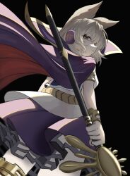  1girl absurdres black_background blonde_hair bracelet cape closed_mouth commentary earmuffs from_behind highres holding holding_sword holding_weapon jewelry kokonut_gag looking_at_viewer looking_back pointy_hair purple_cape purple_skirt red_cape sheath sheathed simple_background skirt solo sword touhou toyosatomimi_no_miko two-sided_cape two-sided_fabric weapon yellow_eyes 