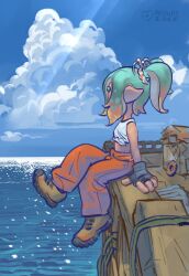  1girl absurdres aqua_hair black_gloves blue_sky brown_hair clouds commentary crop_top fingerless_gloves full_body gloves high_ponytail highres horizon inkling mechanic_(splatoon_raiders) medium_hair metal_pie ocean orange_pants outdoors pants pointy_ears ponytail sitting sky solo splatoon_(series) splatoon_raiders tentacle_hair 