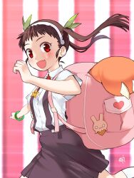  :d artist_name backpack bag black_skirt blush bow bowtie bracelet breasts brown_hair button_gap collared_shirt commentary curled_fingers dress_shirt fang floating_hair foreshortening from_side green_ribbon hachikuji_mayoi hair_ribbon hairband highres jewelry kikumaru_bunta looking_at_viewer looking_to_the_side monogatari_(series) motion_blur multiple_torii open_mouth outstretched_arms pink_bag raised_eyebrows red_bow red_bowtie red_eyes ribbon running school_uniform shirt short_sleeves signature skin_fang skirt small_breasts smile socks star_(symbol) suspender_skirt suspenders torii translated turning_head twintails white_background white_hairband white_shirt white_socks 