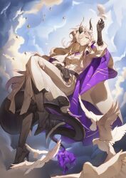  1girl ambience_synesthesia arknights bird bird_wings black_horns black_tail cloak clouds commentary dragon_girl dragon_horns dragon_tail dress earrings feathered_wings fire flame-tipped_tail floating from_below gloves haaahoi hair_over_one_eye hand_on_own_thigh high_heels highres horns jewelry long_hair looking_at_animal multiple_horns necrass_(arknights) necrass_(as_clear_as_crystal)_(arknights) official_alternate_costume one_eye_covered purple_cloak purple_fire sky tail two-tone_cloak untranslatable_commentary white_cloak wings 