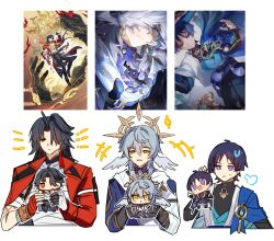  +++ 3boys arm_at_side armor asymmetrical_gloves asymmetrical_sleeves black_bodysuit black_bridal_gauntlets black_gloves black_hair blade_(elation)_(honkai:_star_rail) blade_(honkai:_star_rail) blue_cape blue_gem blue_kimono blue_sleeves blunt_ends bodysuit bracer bridal_gauntlets bright_pupils cape closed_mouth coat coat_on_shoulders cropped_torso curtained_hair dual_persona feathers gem genshin_impact gloves gold grey_hair hair_intakes hair_over_one_eye hand_up hand_wraps head_wings highres holding holding_mini_person honkai:_star_rail honkai_(series) in-franchise_crossover japanese_armor japanese_clothes juban kimono kote kurokote lapels long_hair long_sleeves looking_at_another looking_at_viewer middle_finger mini_person miniboy mismatched_gloves mismatched_sleeves multiple_boys notice_lines official_art_inset open_clothes open_kimono open_mouth orange_eyes parted_bangs pom_pom_(clothes) puff_of_air pun-rii red_coat red_sleeves scaramouche_(genshin_impact) scarf shoulder_peek side_cape single_sleeve sunday_(honkai:_star_rail) sweatdrop tassel_earring turtleneck turtleneck_bodysuit two-tone_shirt violet_eyes wanderer_(genshin_impact) white_background white_kimono white_pupils white_scarf white_sleeves white_wings wings yellow_eyes yellow_feathers 