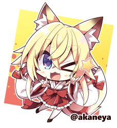  1girl ;3 ;d akaneya animal_ear_fluff animal_ears blonde_hair blue_eyes blush_stickers border character_request chibi chibi_only commentary_request commission copyright_request crossed_bangs double-parted_bangs double_fox_shadow_puppet fox_ears fox_girl fox_shadow_puppet fox_tail frilled_hakama full_body hair_between_eyes hakama hakama_skirt japanese_clothes kimono long_hair long_sleeves looking_at_viewer lowres one_eye_closed open_mouth outline outside_border red_hakama skeb_commission skirt smile solo standing star_(symbol) tail thick_eyebrows twitter_username white_border white_kimono white_outline wide_sleeves 