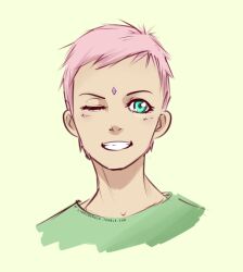  1girl alternate_hair_length_(shorter) aqua_eyes commentary english_commentary eyelashes forehead_jewel haruno_sakura lenneah naruto_(series) one_eye_closed pink_hair pixie_cut short_hair simple_background smile solo teeth tumblr_username very_short_hair web_address white_background 
