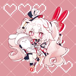  >_< 1girl black_boots black_bow black_bowtie black_gloves black_hat blush boots bow bowtie braid chibi chibi_only diamond_(shape) diamond_facial_mark facial_mark finger_to_face frilled_skirt frills gloves grey_hair hat hat_ornament heart heart_facial_mark highres honkai:_star_rail honkai_(series) hugging_object long_hair mark_under_both_eyes multicolored_hair pink_background pink_eyes plaid_clothes plaid_sleeves rabbit_hat_ornament red_hair red_streaks single_glove skirt solo sparkle_(honkai:_star_rail) sparxie_(honkai:_star_rail) standing standing_on_one_leg streaked_hair thigh_strap twintails white_hair white_skirt yuyu_shiki07 