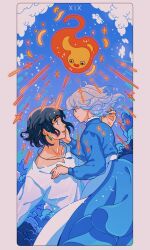  1boy 1girl 1other alt_text black_hair blue_background blue_clouds blue_eyes blue_gem blue_sky border calcifer card_(medium) closed_mouth clouds commentary couple day dress earrings english_commentary eye_contact fire gem green_gem grey_hair hand_on_another's_cheek hand_on_another's_face hetero highres howl_(howl_no_ugoku_shiro) howl_no_ugoku_shiro jewelry long_sleeves looking_at_another medium_hair meyoco necklace open_mouth pink_border roman_numeral rounded_corners shirt short_hair sky smile sophie_hatter_(howl_no_ugoku_shiro) sparkle standing tarot tarot_(medium) the_sun_(tarot) white_shirt 