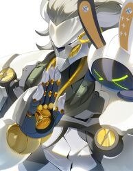  >_< 1boy absurdres bangboo_(zenless_zone_zero) banyue_(zenless_zone_zero) claws commentary grey_hair hand_up hi_i_dubu highres humanoid_robot male_focus orb robot robot_boy simple_background untranslatable_commentary upper_body white_background zenless_zone_zero 