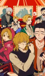  1girl 6+boys absurdres actor actress albert_brudzewski_(chi.) alternate_universe badeni belt black_belt black_hair black_jacket black_ribbon black_tabard blonde_hair blood blood_bag blue_eyes blue_jacket blunt_bangs braid brown_eyes capelet chi.:_chikyuu_no_undou_ni_tsuite child closed_eyes closed_mouth collared_shirt comb commentary_request covering_another's_ears drawing_on_own_face dressing_room father_and_child father_and_son flying_sweatdrops gloves green_eyes green_jacket grey_hair grey_shirt hair_bun hair_tie_in_mouth hand_on_own_chest hands_in_own_hair highres holding holding_eyepatch holding_pen hood hood_up hooded_capelet hubert_(chi.) jacket jacket_on_arm jolenta light_blush light_frown long_hair mirror mouth_hold multiple_boys neck_ribbon oczy one_eye_closed parent_and_child parted_lips pen pink_capelet pink_gloves rafal_(chi.) red_vest ribbon scar scar_on_face scissors serien shirt single_braid smile squiggle suspenders sweatdrop tabard updo upper_body vest white_shirt 