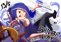  1boy 2girls artist_name big_man_(splatoon) black_pants blue_hair blue_shawl cephalopod_eyes chest_sarashi colored_eyelashes commentary constricted_pupils dark-skinned_female dark_skin dated eyelashes eyeshadow folding_fan frye_(splatoon) hair_ornament hairband hand_fan highres holding holding_fan inkling kiora06 long_hair makeup multiple_girls octoling okobo one_eye_closed open_mouth pants platform_sandals print_fan red_eyes red_eyeshadow sandals sarashi see-through_clothes see-through_shawl shawl shiver_(splatoon) short_eyebrows smile splatoon_(series) splatoon_3 sweat tabi thick_eyebrows white_background white_hairband x_hair_ornament 
