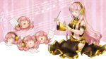  &gt;_&lt; 1920x1080 armband closed_eyes eating eyes_closed hako_(piapro) headphones highres long_hair megurine_luka music musical_note open_mouth pink_hair sheet_music sitting skirt smile takoluka thighhighs vocaloid wallpaper 