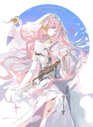  ambience_synesthesia arknights bird commentary dove gold_collar gun halo highres lamia_oh lemuen_(arknights) lemuen_(requiem_vesperis)_(arknights) long_hair mark_under_eye one_eye_covered pink_eyes pink_hair rifle sniper_rifle star_pendant veil weapon white_halo white_veil 
