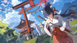  5girls absurdres alternate_costume animal_ear_fluff animal_ears architecture ayane_(blue_archive) black_hair blue_archive blue_halo blue_sky broom cat_ears cat_girl clouds commentary_request cyansapphire east_asian_architecture foreclosure_task_force_(blue_archive) grass green_halo hakama hakama_skirt halo highres holding holding_broom hoshino_(blue_archive) japanese_clothes kimono long_hair miko mountain multiple_girls nonomi_(blue_archive) official_alternate_costume outdoors pink_halo ponytail red_hakama red_halo ring_of_light_(blue_archive) serika_(blue_archive) serika_(new_year)_(blue_archive) shiroko_(blue_archive) shrine skirt sky stairs stone_lantern stone_stairs torii tree waving white_kimono wide_sleeves 