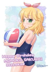  1girl alternate_costume back ball bare_arms bare_shoulders beachball birthday blonde_hair blush bow breasts character_name commentary_request cowboy_shot dated english_text expressionless green_eyes hair_bow hair_ornament hair_ribbon hairband happy_birthday holding holding_ball idolmaster idolmaster_cinderella_girls loli looking_back looking_to_the_side medium_hair name_tag one-piece_swimsuit parted_lips ribbon sakurai_momoka school_swimsuit simple_background small_breasts solo standing swimsuit twitter_username uosshi 
