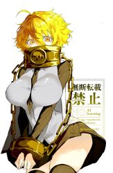  1girl artist_name black_necktie black_skirt black_thighhighs blonde_hair breasts cape chain chained chained_wrists collar commentary_request cuffs don_quixote_(project_moon) gloves gold_collar highres index_(identity)_(project_moon) jacket limbus_company long_sleeves looking_at_viewer metal_collar necktie project_moon ritaritatter96 shackles shirt short_hair simple_background skirt solo thigh-highs white_background white_cape white_shirt yellow_eyes 