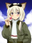  animal_ears blonde_hair blue_sky blush bomber_jacket candy carla_j_luksic cat_ears cloud clouds flight_goggles food goggles goggles_on_head kyougoku_shin lollipop long_hair looking_at_viewer low_twintails portrait purple_eyes scarf sky solo strike_witches violet_eyes 
