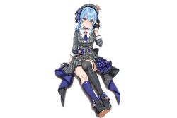  1girl 666girimekara absurdres beret black_choker black_gloves black_shoes black_thighhighs blue_eyes blue_hair blue_nails blue_socks choker closed_mouth fingerless_gloves gloves grey_hat grey_shirt grey_skirt hat highres hololive hoshimachi_suisei hoshimachi_suisei_(1st_costume) looking_at_viewer medium_hair nail_polish o-ring o-ring_choker shirt shoes single_thighhigh skirt smile socks solo thigh-highs thigh_strap virtual_youtuber white_background 