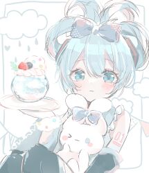  1girl :3 absurdres aqua_eyes aqua_hair bare_shoulders black_sleeves black_thighhighs blue_bow bow cinnamiku cinnamoroll clouds commentary_request detached_sleeves double-parted_bangs fuwa_fuwa_cinnamoroll hair_between_eyes hair_bow hair_rings hand_up hatsune_miku highres holding holding_plate knees_up konkave_linse looking_at_viewer plate sanrio shirt short_hair shoulder_tattoo sidelocks sitting sketch sleeveless sleeveless_shirt tattoo thigh-highs updo vocaloid 