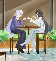  2girls bar_stool bird black_hair black_shoes black_swan_(honkai:_star_rail) blush breasts commentary demon_girl demon_horns demon_tail eating english_commentary food fork full_body greenxtea hair_ornament hairclip high_heels highres holding holding_fork honkai:_star_rail honkai_(series) horns large_breasts long_hair multiple_girls off_shoulder outdoors pants parted_lips pie purple_hair purple_shirt purple_sweater shirt shoes single_bare_shoulder sitting smile smirk stool sweater table tail the_dahlia_(honkai:_star_rail) undershirt violet_eyes white_pants white_shirt white_shoes yellow_eyes yuri 