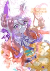 1girl animal_ears blush breasts brown_hair capelet chiffon closed_mouth commentary_request corset ear_covers glasses green-framed_eyewear horse_ears horse_girl horse_tail jacket long_hair long_sleeves looking_at_viewer orange_capelet orange_jacket over-rim_eyewear purple_ribbon ribbon royce_and_royce_(inspiring_genius)_(umamusume) royce_and_royce_(umamusume) semi-rimless_eyewear shirt single_ear_cover skirt smile solo tail umamusume yellow_corset 