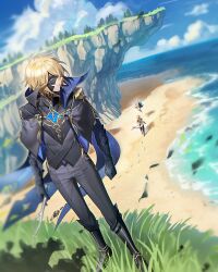  1girl 2boys absurdres aether_(genshin_impact) ahoge arm_armor armor arms_up baggy_pants beach black_armor black_boots black_gloves black_jacket black_mask black_pants black_shirt black_vest blonde_hair blue_cape blue_eyes blue_scarf blue_sky boots braid brown_boots cape clenched_hand clenched_hands clouds cloudy_sky constellation_print dainsleif_(genshin_impact) day floating_cape floating_clothes floating_hair from_behind full_body genshin_impact gloves gold_trim grass hair_between_eyes hair_ribbon half-closed_eyes halo highres holding holding_stick jacket lapels leg_up long_hair long_sleeves looking_at_another looking_back looking_down low-braided_long_hair low-tied_long_hair male_focus mechanical_halo moemoenomori mountain multiple_boys no_eyes ocean open_clothes open_jacket open_mouth outdoors paimon_(genshin_impact) pants pine_tree puffy_long_sleeves puffy_sleeves ribbon romper sand scarf scenery shadow shirt short_hair short_sleeves single_braid sky smile solo_focus standing stick tree vest walking white_boots white_hair white_ribbon white_romper white_scarf 