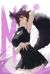  1girl animal_ear_fluff animal_ears arkanis blonde_streaks blunt_bangs brown_hair cat_ears cleavage_cutout clothing_cutout crop_top eon_productions fluffy_tail heart_cutout highres mii_reis minecraft_youtube multicolored_hair pleated_skirt shirt short_hair short_twintails skirt sleeveless sleeveless_shirt streaked_hair sunpichu twintails virtual_youtuber yellow_eyes 