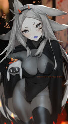  1girl animal_ears black_bodysuit black_coat black_leotard black_thighhighs blush bodysuit breasts chatblin_(dyarikku) coat colored_skin colored_tongue commentary dyarikku dyarikku_(vtuber) english_commentary facial_mark fox_ears fox_girl grey_eyes grey_hair hairband hat heart highres horns indie_virtual_youtuber large_breasts leotard long_hair looking_at_viewer open_mouth orange_hat orange_horns purple_tongue skin_tight standing thigh-highs thighs very_long_hair virtual_youtuber white_skin x_(symbol) x_facial_mark 