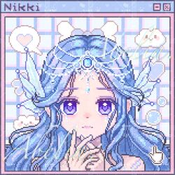  1girl abelia_(xianyu966) bare_shoulders blue_background blue_gem blue_hair blue_scales bubble chinese_commentary circlet closed_mouth clouds commentary_request commission copyright_name dot_nose eyeshadow fins forehead_jewel gem grid_background hand_cursor head_fins heart highres infinity_nikki jewelry light_frown lipstick long_hair looking_at_viewer makeup necklace nikki_(series) own_hands_together pink_lips pixel_art purple_eyeshadow sad sample_watermark sidelocks snowy_ballad_(infinity_nikki) solo speech_bubble spoken_heart straight-on upper_body violet_eyes watermark watermark_grid wavy_hair window_(computing) 