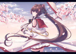  1girl breasts brown_eyes brown_hair cherry_blossoms coat commentary_request flower hair_between_eyes hair_flower hair_intakes hair_ornament headgear highres kabocha_torute kantai_collection large_breasts long_coat long_hair looking_at_viewer multicolored_umbrella oil-paper_umbrella pleated_skirt ponytail skirt sleeveless sleeveless_coat smile solo umbrella very_long_hair white_skirt white_umbrella yamato_(kancolle) yamato_kai_ni_(kancolle) 