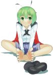  :&lt; antennae barefoot buttons cape collarbone dress_shirt feet foreshortening green_eyes green_hair long_sleeves looking_at_viewer oyomesan shadow shirt shoes_removed short_hair shorts simple_background sitting solo toes touhou white_background wriggle_nightbug 