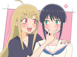  2girls ahoge anger_vein black_hair blonde_hair blush cho_kaguya-hime! commentary_request fingernails forced_smile hand_on_another's_face hand_on_another's_shoulder highres kaguya_(cho_kaguya-hime!) long_fingernails long_hair looking_at_another massa79 mole mole_under_eye multiple_girls pink_nails red_eyes sailor_collar sakayori_iroha smile upper_body v-shaped_eyebrows 