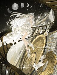  1girl angel_statue ankle_belt ankle_bow artist_request bare_legs bare_shoulders belt belt_buckle black_sky bow bow_button braid buckle cat center_frills check_copyright choker clock clouds colored_inner_hair copyright_request dress floating floating_hair frilled_choker frilled_dress frills full_body gears gloves grey_eyes grey_hair hand_on_railing high_heels highres long_hair looking_to_the_side moon_phases multicolored_hair night original outdoors parted_lips print_dress pumps ribbon_print shoes short_dress single_braid sky sleeveless sleeveless_dress solo source_request spiral_staircase stairs star_(sky) starry_sky third-party_source tiara tower train_(clothing) two-tone_hair very_long_hair wavy_hair white_belt white_bow white_cat white_choker white_dress white_gloves white_hair white_shoes 