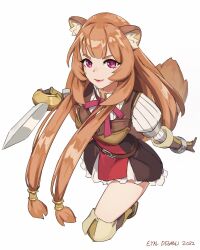  1girl animal_ear_fluff animal_ears armor artist_name belt black_dress blunt_bangs boots breastplate breasts brown_armor brown_belt brown_boots brown_gloves brown_hair closed_mouth commentary dated dress elbow_gloves eyal_degabli frilled_dress frills full_body gloves hair_tubes highres holding holding_sword holding_weapon knee_boots leather leather_armor leather_boots leather_gloves long_hair long_sidelocks long_sleeves looking_ahead looking_at_viewer medium_breasts metal_arm_cuffs metal_hair_tubes metal_wrist_cuffs neck_ribbon pink_eyes pink_lips pinstripe_dress pinstripe_pattern raccoon_ears raccoon_girl raccoon_tail raphtalia red_dress red_ribbon ribbon short_dress sidelocks signature simple_background sleeveless sleeveless_dress smile solo straight_hair sword tail tate_no_yuusha_no_nariagari two-tone_dress v-shaped_eyebrows weapon white_background white_dress 