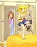  2girls age_difference apron barefoot belt blonde_hair blush book brown_hair closed_eyes dragon_ball dragon_ball_(object) eyes_closed genesic_gaogaigar hairband hrgm kamen_rider kamen_rider_fourze kamen_rider_fourze_(series) kamen_rider_meteor kise_chiharu kise_yayoi mother_and_daughter multiple_girls necktie on_bed open_mouth parody pose precure pretty_cure school_uniform shelf skirt smile smile_pact smile_precure! sweater toy translation_request yellow_eyes yuusha_ou_gaogaigar yuusha_ou_gaogaigar_final yuusha_series 