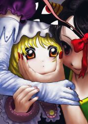  3girls absurdres black_hair blonde_hair commentary elbow_gloves expressionless frills gap_(touhou) gloves grabbing_another's_arm green_shirt hand_on_another's_face hat highres horns long_sleeves looking_at_viewer mob_cap multiple_girls nippaku_zanmu orange_eyes pink_nails red_eyes red_nails rusuban_(yakumora_n) shirt short_hair smile touhou untranslatable_commentary upper_body white_gloves white_hat yakumo_ran yakumo_yukari 