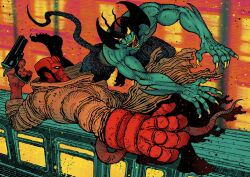  2boys antennae arm_blade azoinab balding barefoot battle black_hair blurry blurry_background broken_horns brown_coat claws coat colored_sclera colored_skin colored_teeth commission crossover demon_boy devilman devilman_(character) evil_smile facial_hair fingernails green_skin gun handgun head_wings hellboy hellboy_(comic) highres holding holding_gun holding_weapon large_hands long_fingernails male_focus monster_boy motion_blur multiple_boys mutton_chops open_mouth outdoors red_eyes red_skin serious sharp_fingernails sharp_teeth smile tail teeth torn_clothes train trench_coat weapon wings yellow_eyes yellow_nails yellow_sclera yellow_teeth 