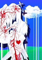  1girl 2others 5x5fo animal_ears antlers blue_skirt branch clouds deer_antlers deer_ears deer_girl deltarune furry furry_female hand_on_another's_face highres hill horns kris_(deltarune) long_hair multiple_others noelle_holiday noelle_holiday_(dark_world) reindeer_girl see-through_silhouette severed_hand short_hair silhouette skirt soul_(deltarune) tree utdr_(toby_fox) weird_route_(deltarune) 