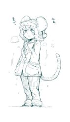  1girl alternate_costume animal_ears blush breath coat commentary_request daitai_konna_kanji full_body hands_in_pockets hat looking_at_viewer monochrome mouse_ears mouse_girl mouse_tail nazrin pants parted_lips simple_background sketch smile solo standing tail touhou translation_request ushanka white_background winter_clothes 
