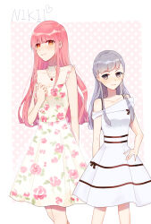  2girls afaaa bare_arms bare_shoulders bead_necklace beads black_bow blouse blunt_bangs border bow bra_strap brown_eyes closed_mouth collared_shirt commentary copyright_name cowboy_shot dot_nose dress dress_bow english_commentary floral_print flower flower_necklace frilled_shirt frills grey_eyes grey_hair hand_on_own_chest hand_on_own_hip happy height_difference high_up highres jewelry kimi_(miracle_nikki) light_blush lips long_hair long_sidelocks looking_at_another medium_skirt miracle_nikki multiple_girls necklace nikki_(nikki) nikki_(series) off-shoulder_dress off_shoulder outline outside_border pink_background pink_hair pleated_dress pleated_skirt polka_dot polka_dot_background print_shirt red_flower red_rose rose rose_print shirt short_dress short_sleeves sidelocks skirt skirt_set sleeveless sleeveless_shirt smile standing striped_clothes striped_dress very_long_hair white_border white_dress white_outline white_shirt white_skirt 