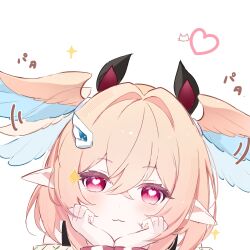  1girl blush closed_mouth crossed_bangs genshin_impact hair_between_eyes hair_intakes hair_ornament hair_wings hands_on_own_cheeks hands_on_own_face head_on_hand head_rest head_wings heart heart-shaped_pupils highres linnea_(genshin_impact) looking_at_viewer pink_eyes pink_hair pink_wings pointy_ears portrait simple_background smile solo symbol-shaped_pupils tansanlemon100 two-tone_wings white_background wings wolf_cut 