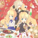  black_legwar black_legwear blonde_hair cake casual drink fate/stay_night fate/zero fate_(series) food formal french_fries gothic_lolita green_eyes hair_ribbon lolita_fashion long_hair multiple_girls multiple_persona onigiri pant_suit pantyhose parfait pizza ponytail ribbon saber saber_alter sandwich suit sweets watase-ya yellow_eyes 